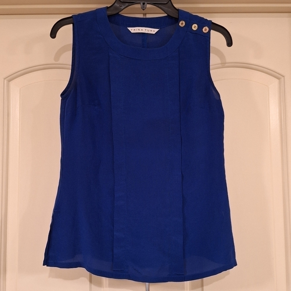 Trina Turk Silk Sleeveless Cobalt Blue Blouse Gold Button Detail